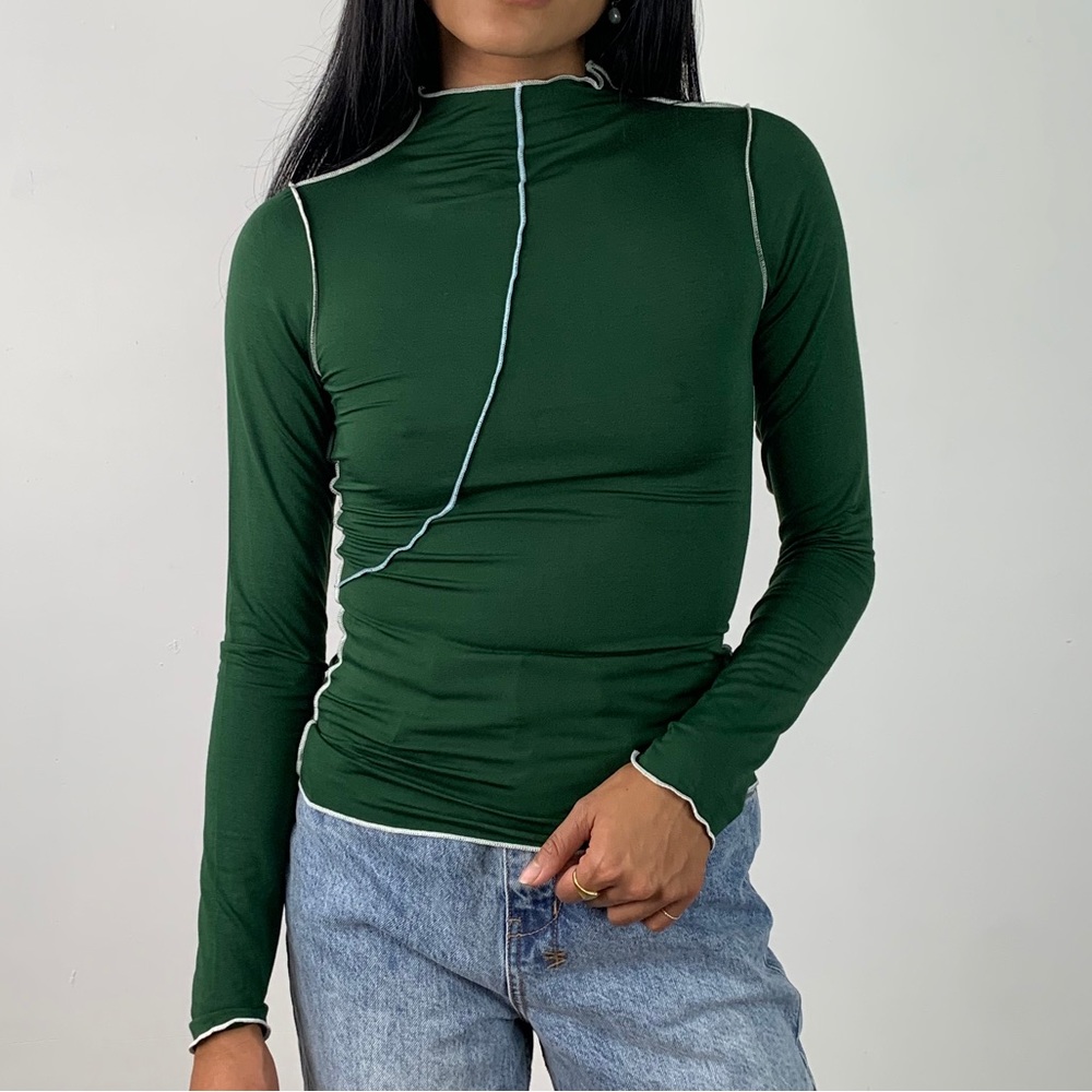 The Line by K Dark Green Long Sleeve Seam Detail Top